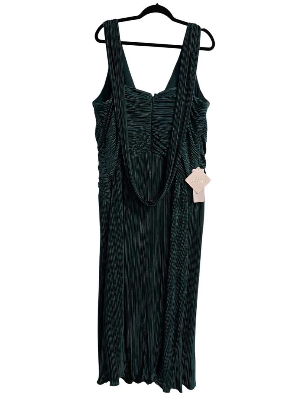 Azazie Quellia Emerald Green V-Neck Pleated Maxi Dress w Slit Homecoming Dress - Picture 7 of 7